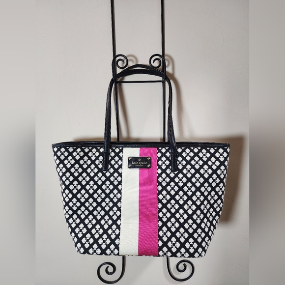kate spade Handbags - Kate Spade Jaquard Floral Signature Black Pink Leather Purse Tote